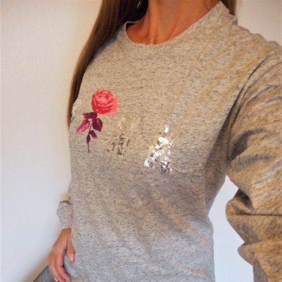 New PINK Victoria's Secret T-Shirt Size Medium Gray Bling Long Sleeve - Picture 2 of 13